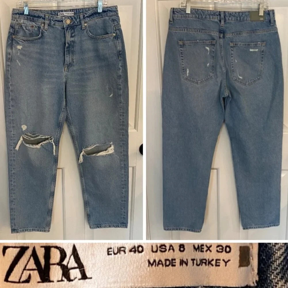 Zara High Rise Distressed Straight Leg Jeans Blue 33821
